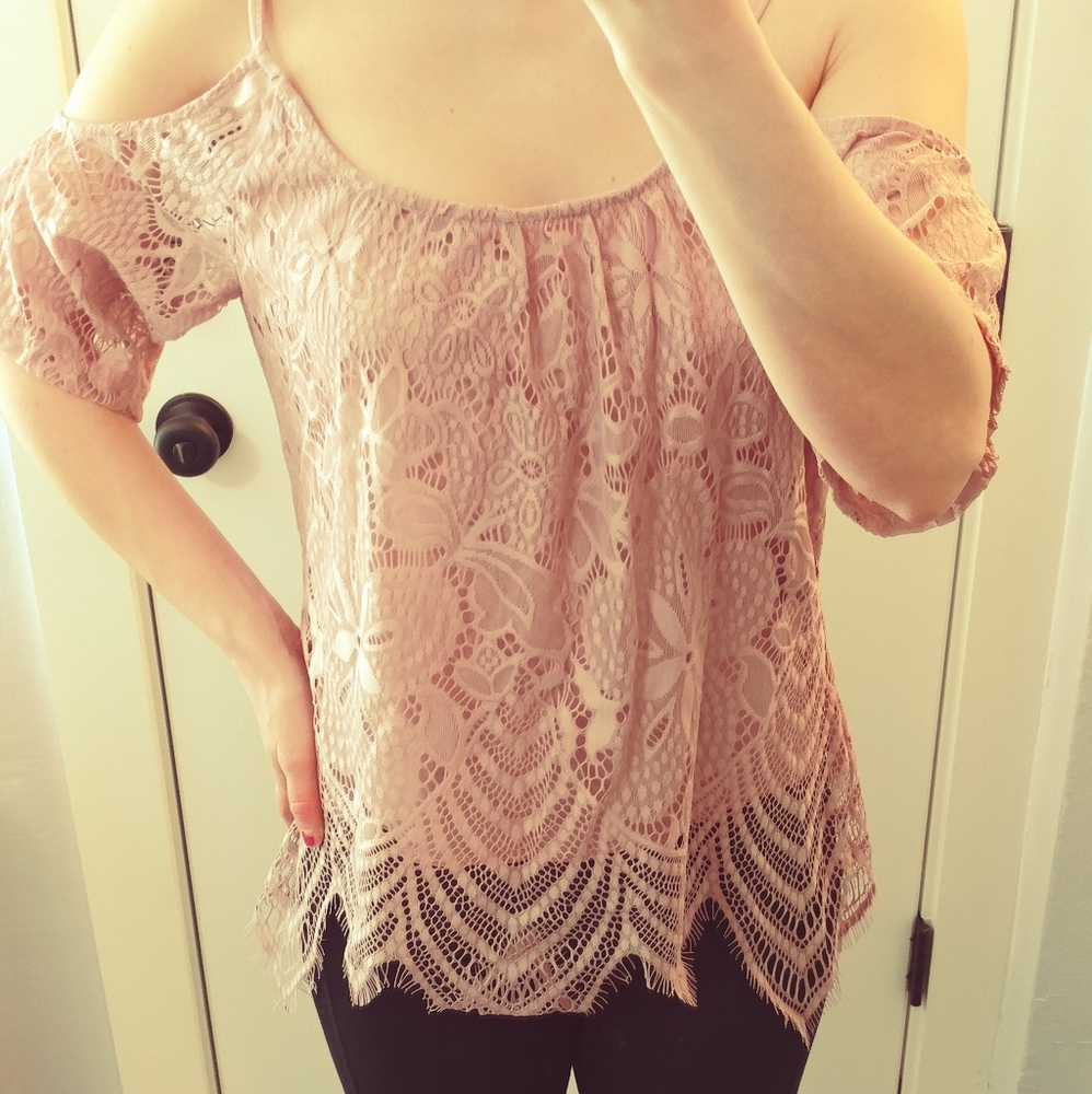 Francesca's pink off the shoulder lacey top SMALL